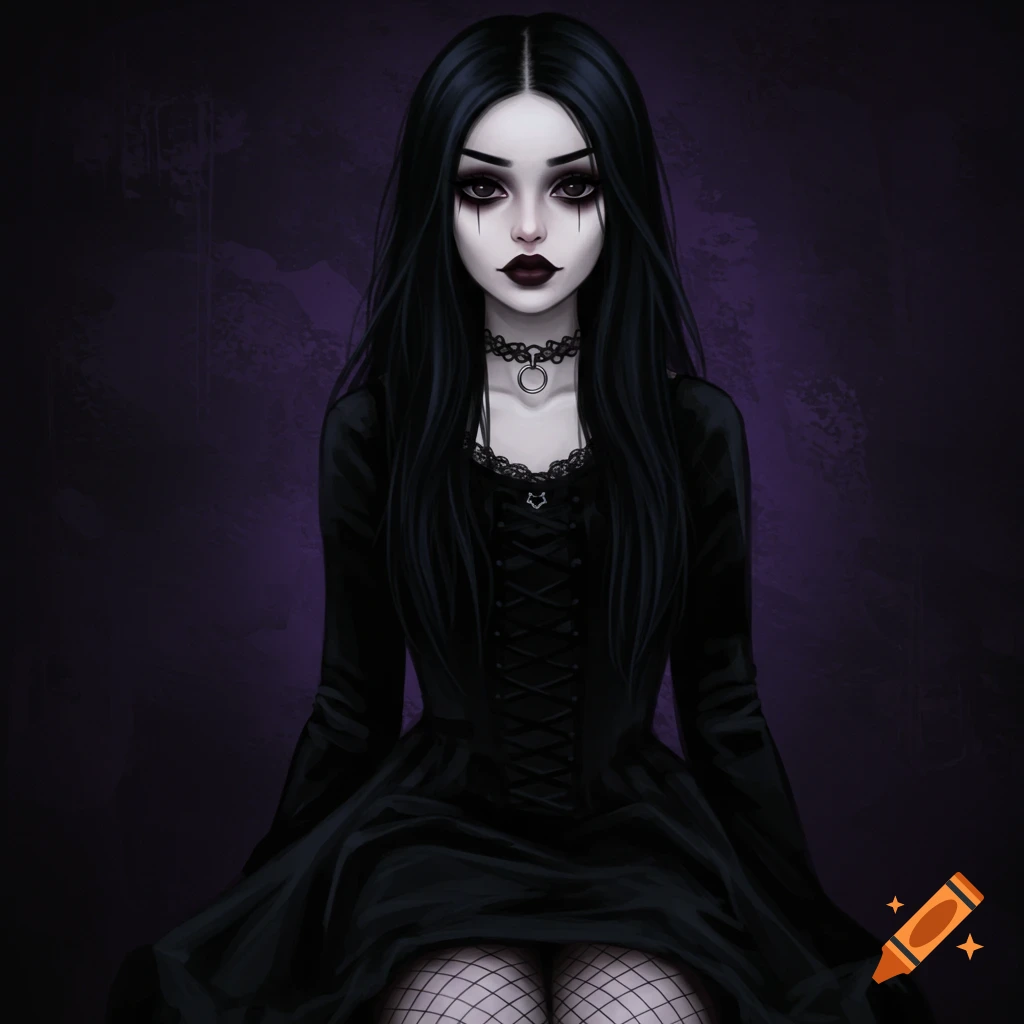 A goth girl with black hair and dark makeup wearing a black dress and fishnet stockings