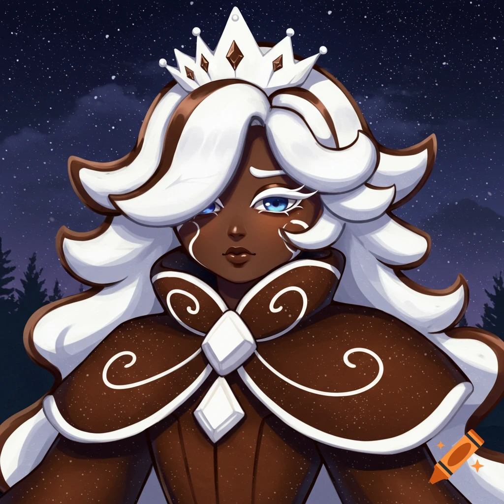 Stylized portrait of a dark-skinned fantasy character with white hair, crown, and cape against a starry night sky.