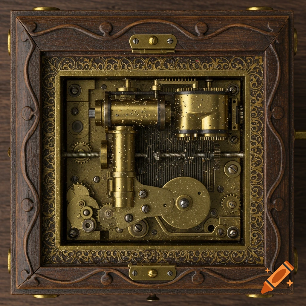 Top-down view of intricate brass gears and mechanics in a steampunk music box.