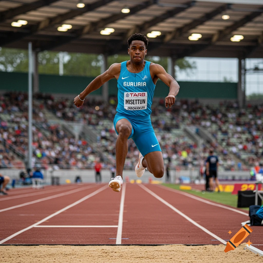 A male athlete leaps during a track and field competition in a stadium, mid-air over the sand pit.