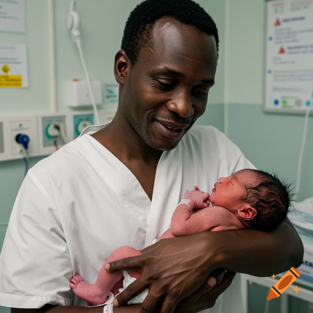 Black man holding newborn baby in hospital, looking at the child.