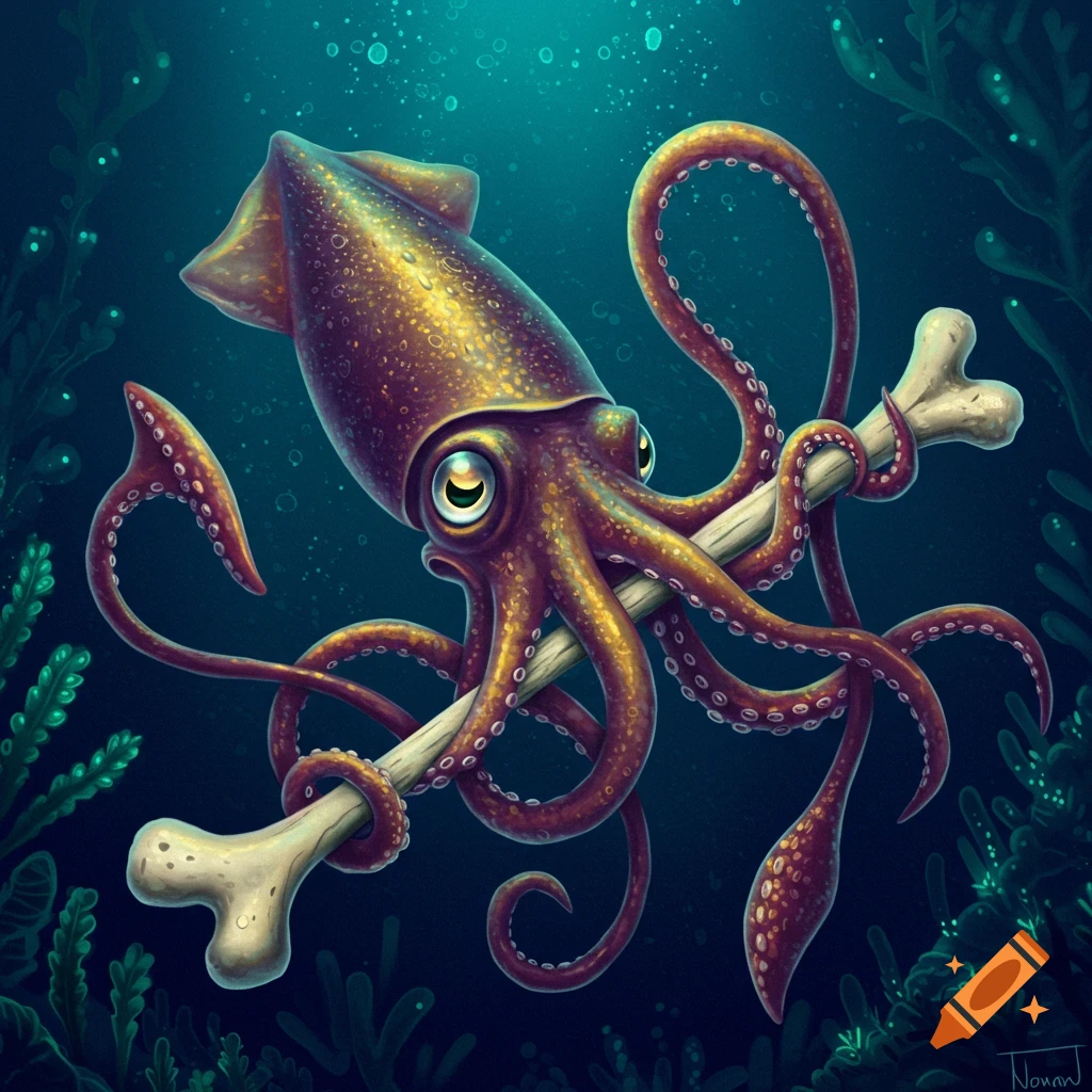 Cartoon squid holding a bone underwater.