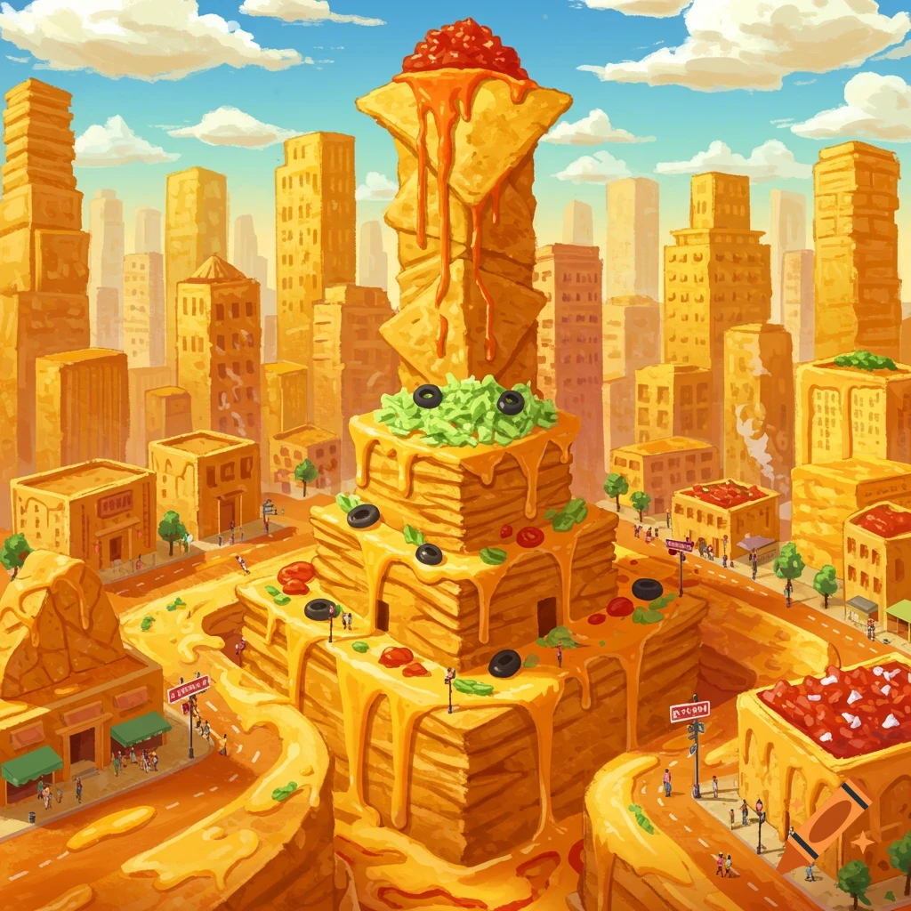 A fantasy city made of nachos and melted cheese.