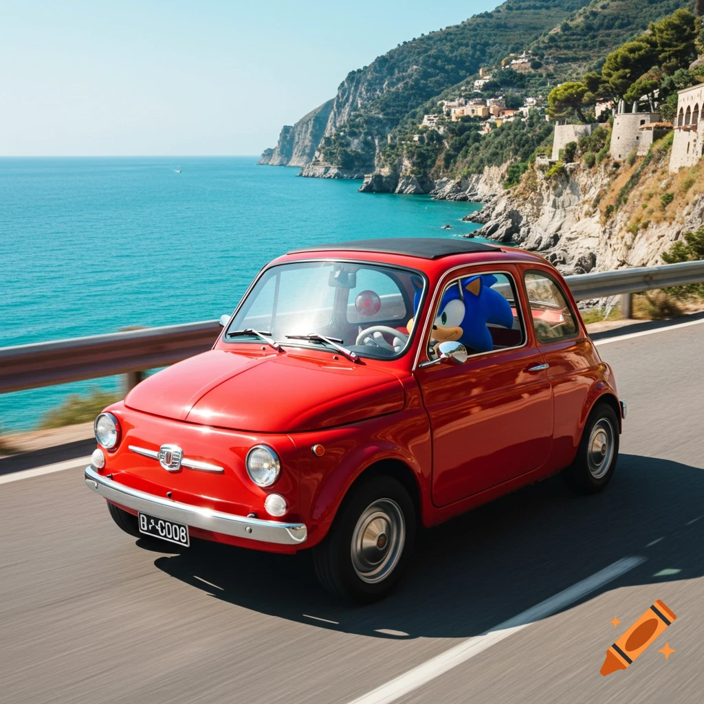 Sonic drives a red Fiat on a sunny coastal road beside the sea and cliffs.