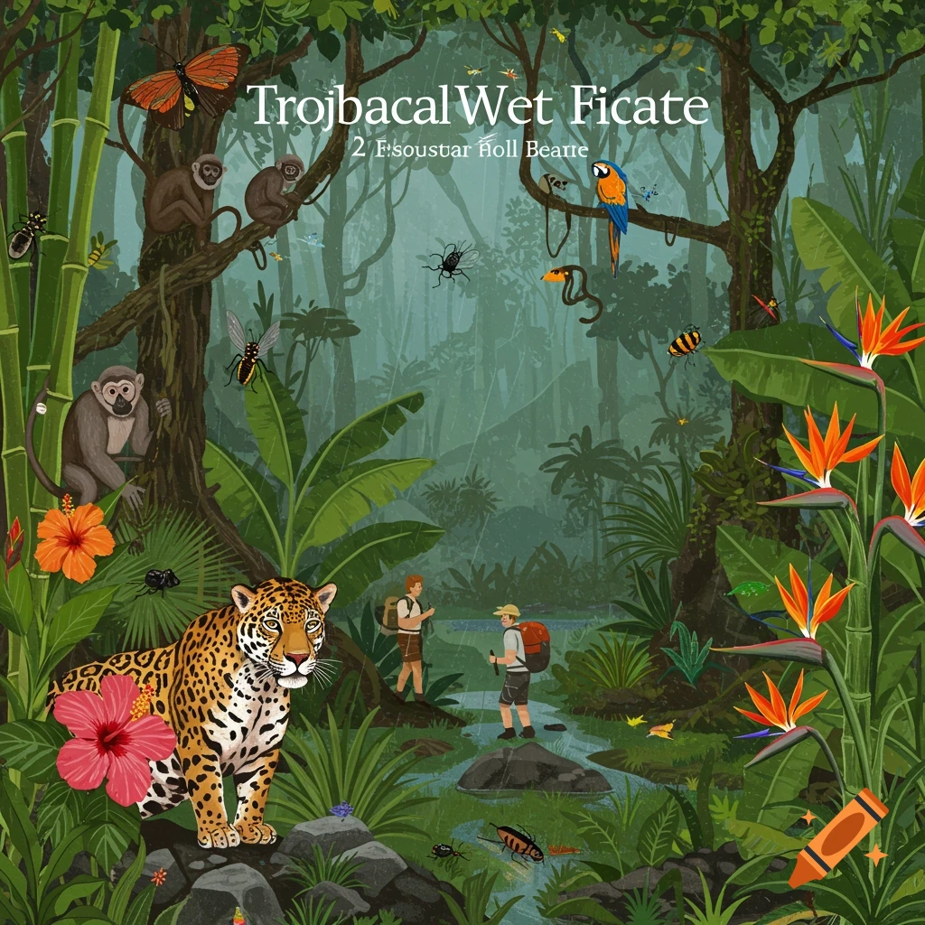 A vibrant rainforest scene unfolds, featuring a majestic jaguar, playful monkeys, a colorful parrot, and elegant birds of paradise. Hikers explore the lush landscape near a gently flowing stream, while various insects flutter around.