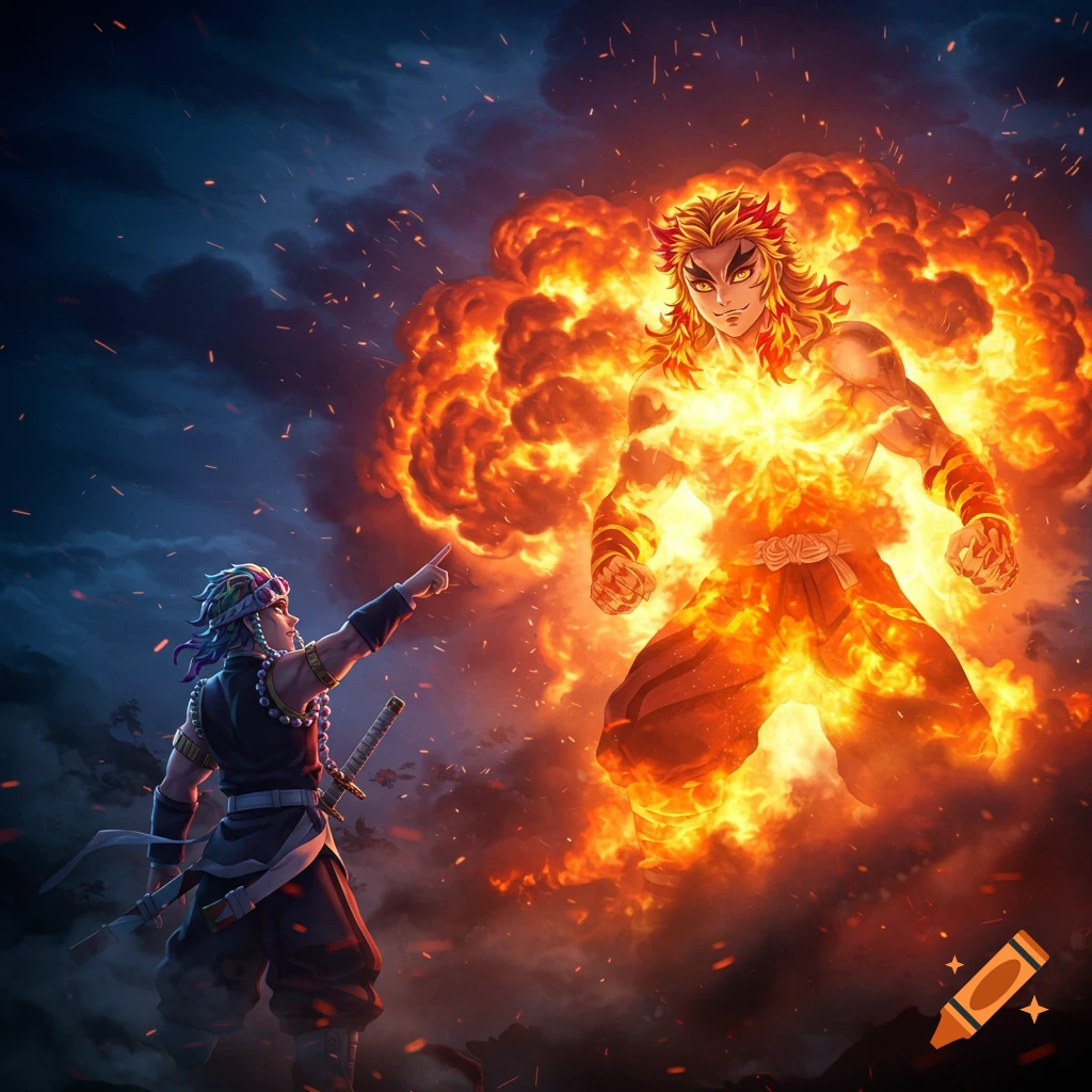 Two anime characters, one points up at the other engulfed in flames in the sky.