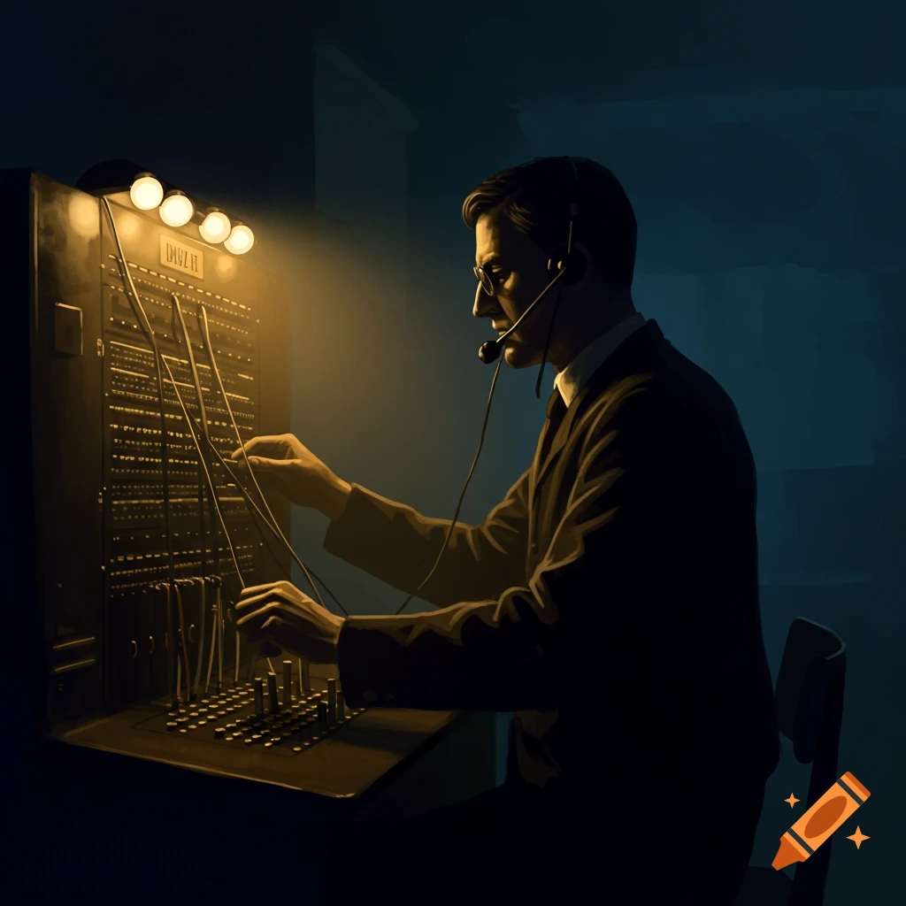 A man with a headset operates a vintage telephone switchboard in a dark room.