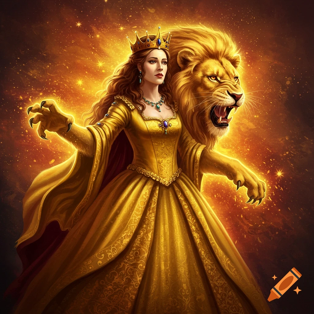 A queen in a gold dress and crown transforms into a roaring lion with sharp claws against a fiery, starry background.