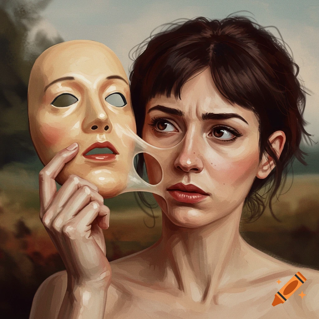 Image of a woman peeling a rubber mask off her face.