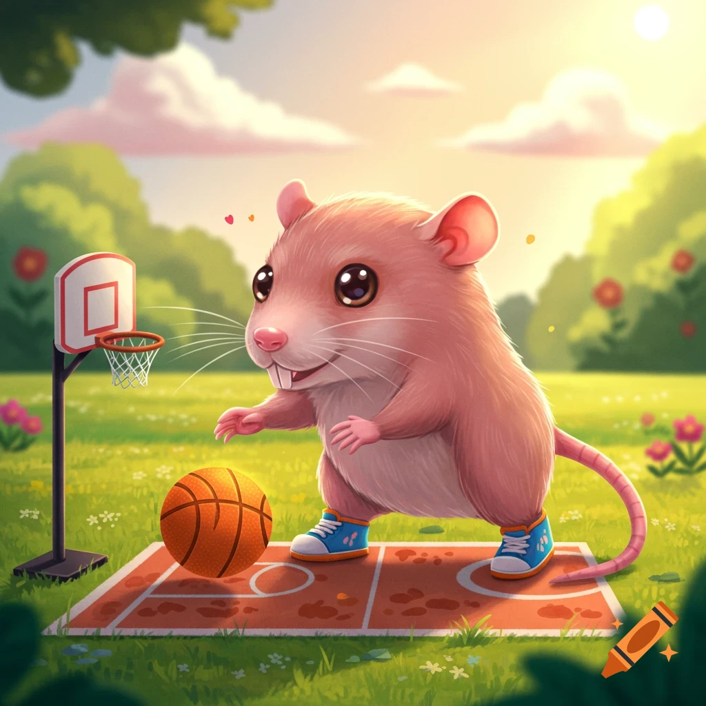 A cute cartoon rat plays basketball on an outdoor court