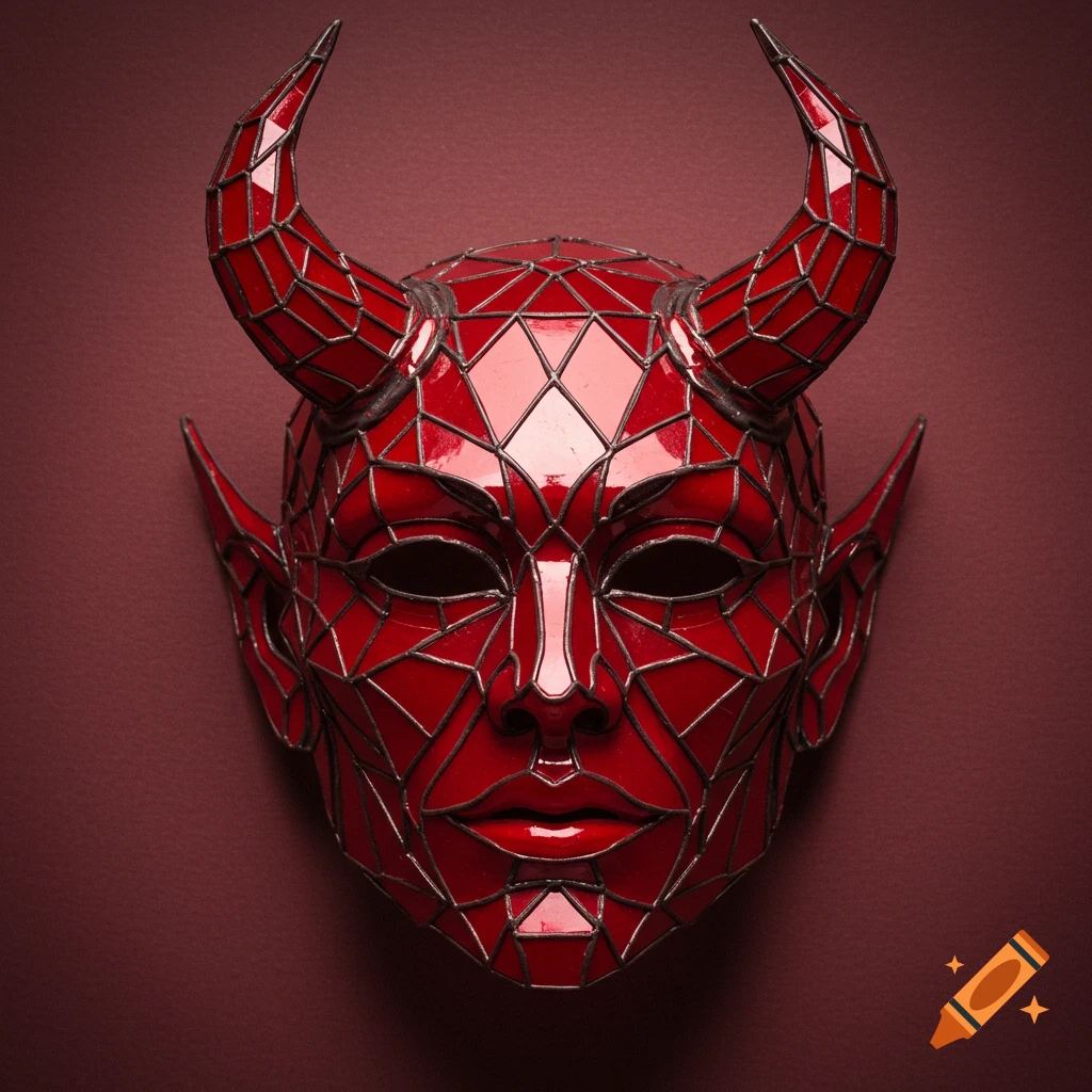 A close-up of an intricate red mask resembling a stylized demon, made of angular pieces like stained glass against a dark background.