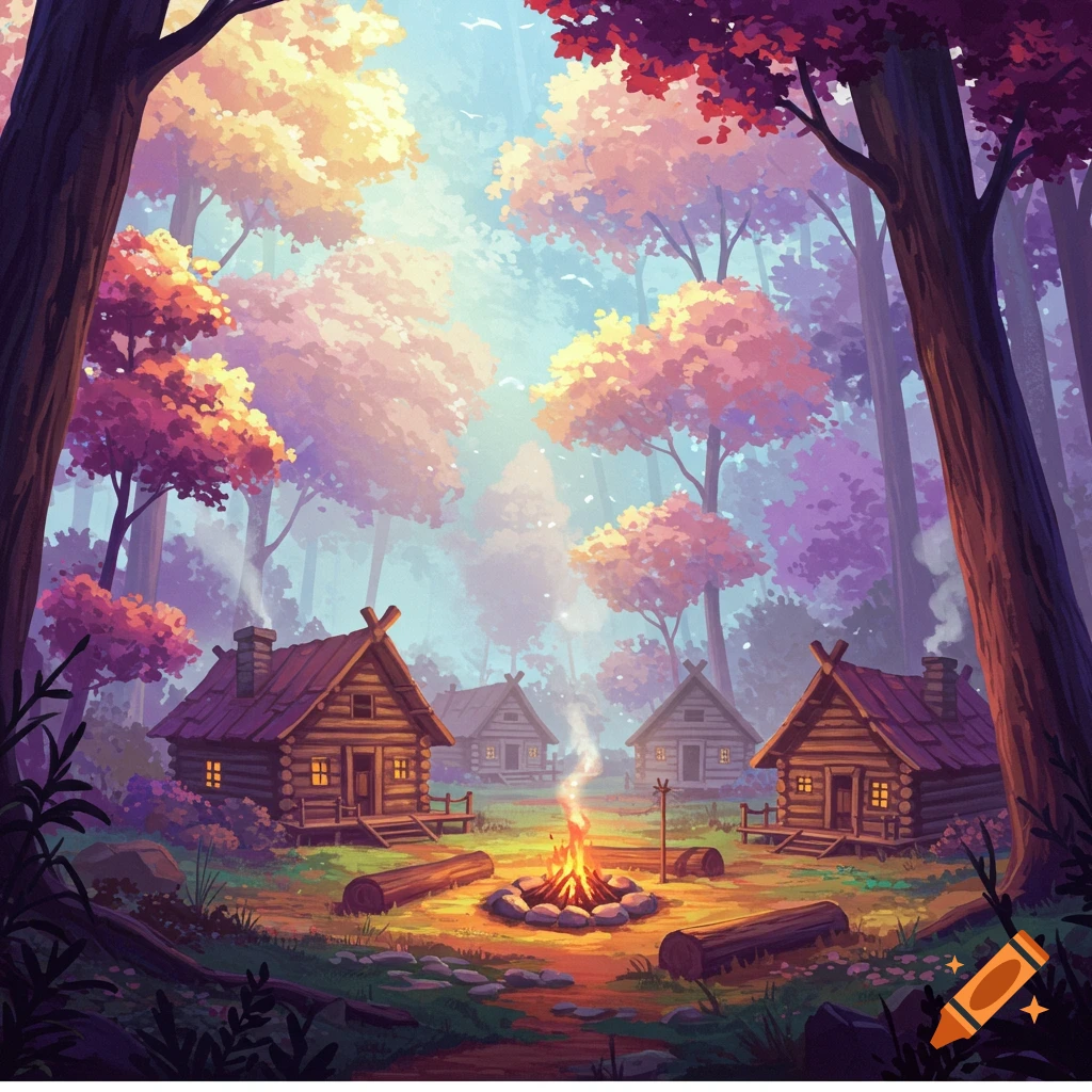 Cabins are gathered around a bonfire in a colorful ethereal forest.