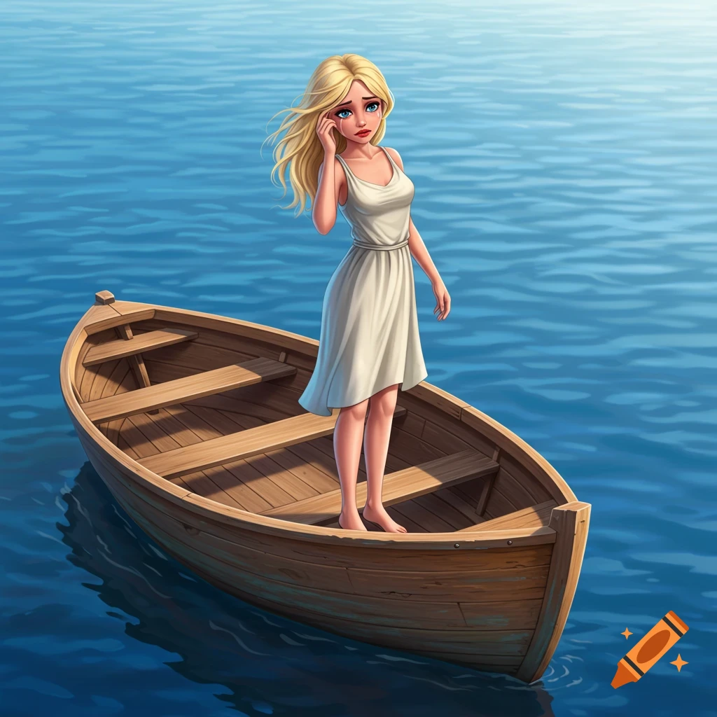 Cartoon illustration of a distressed woman standing in a wooden boat on the water.