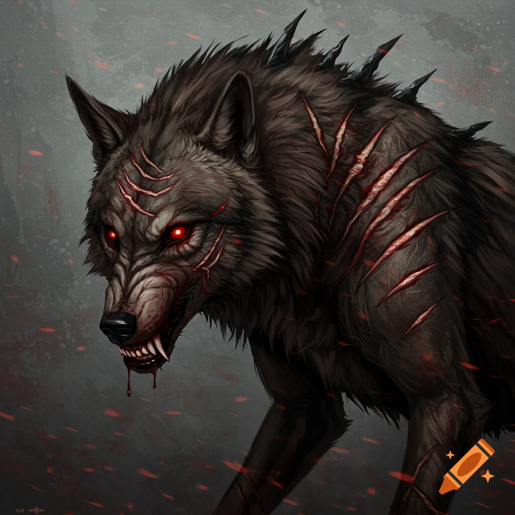 A scary wolf with red eyes and multiple scars.