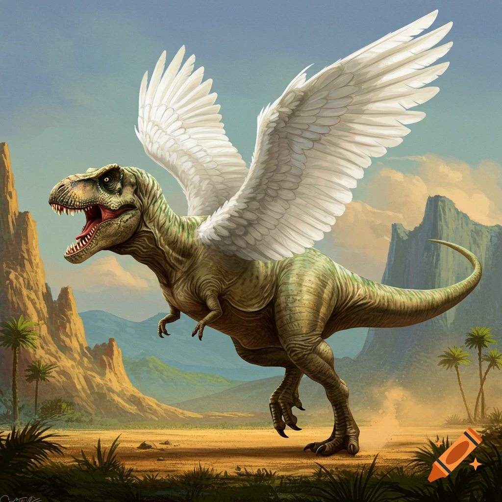 A T-Rex with large white wings running through a prehistoric landscape.