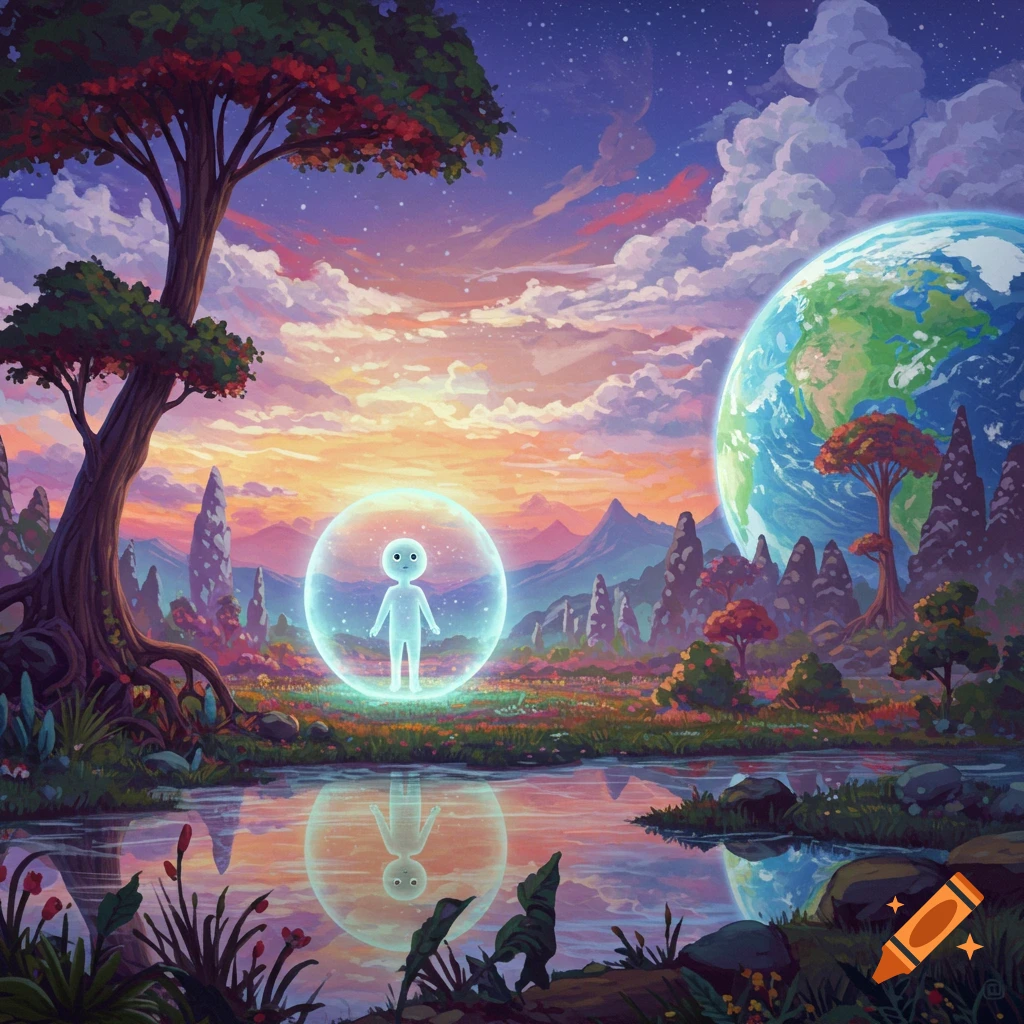 An alien in a bubble in a fantasy landscape with a large planet.