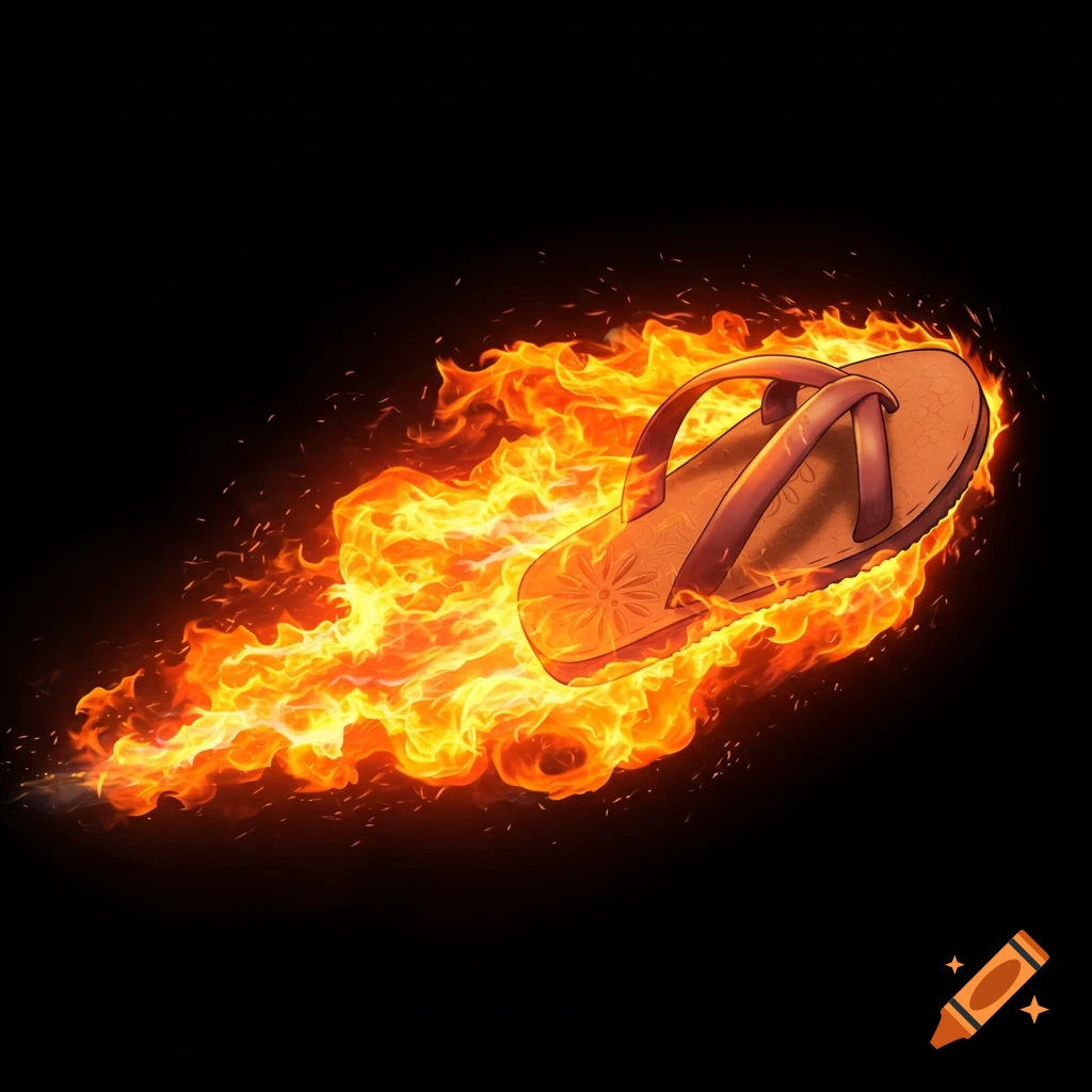 A flip-flop on fire against a black background.