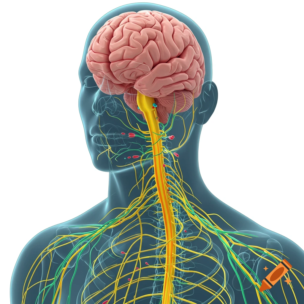 Illustration of the human nervous system, showing the brain, spinal cord, and nerves.