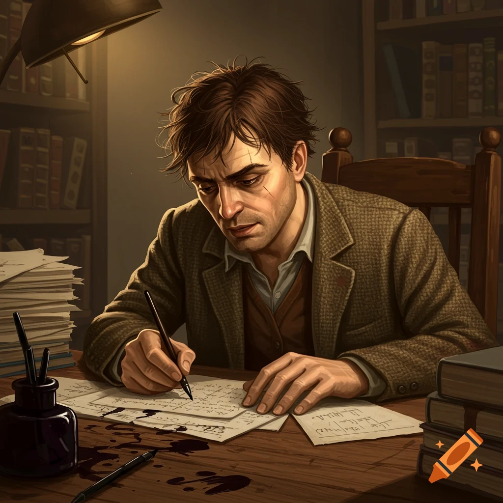 A man with messy hair writing at a desk.
