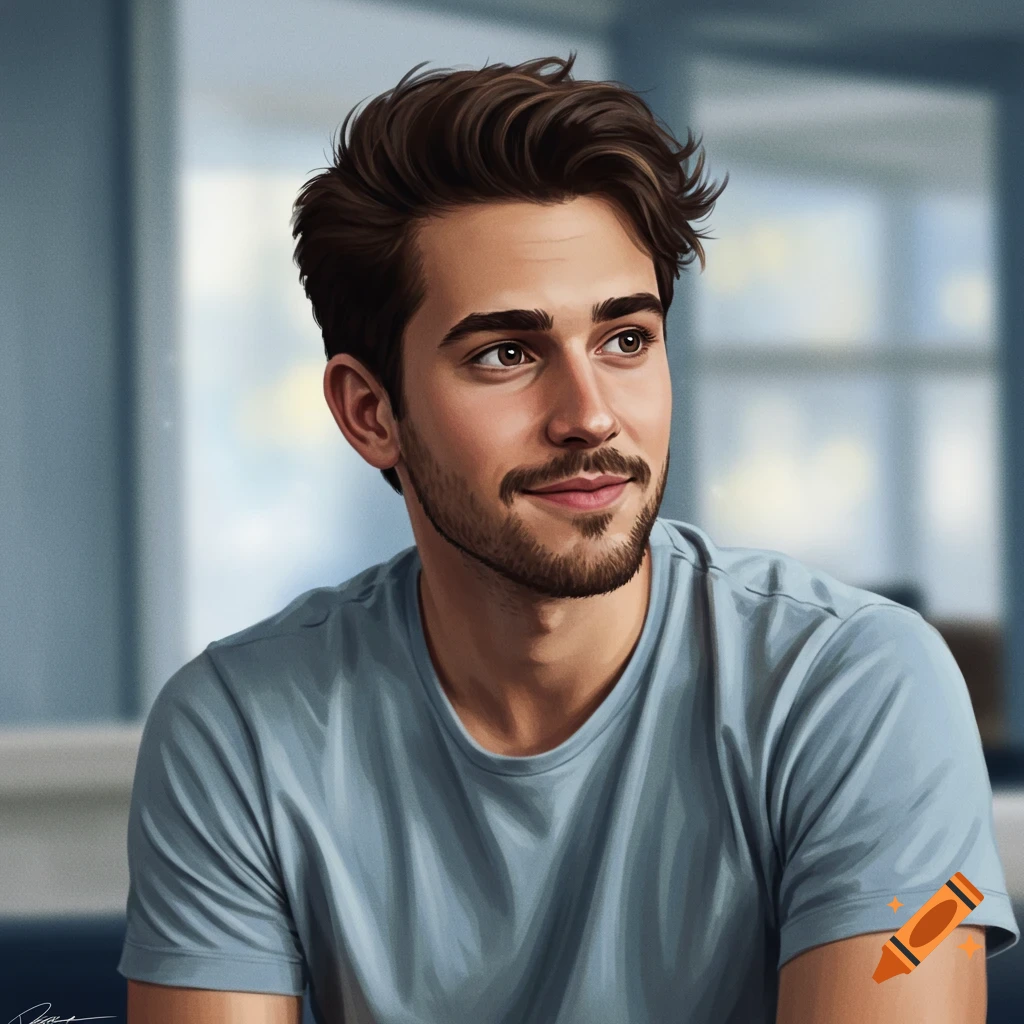 A young man with brown hair and beard in a blue t-shirt, looking slightly off-camera.