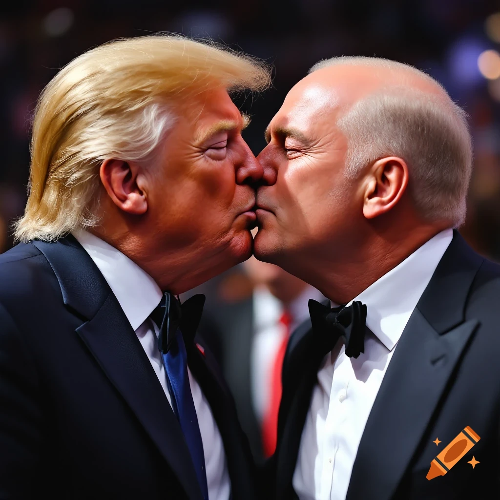 Close-up portrait of Donald Trump kissing a bald man in a suit and bow tie.