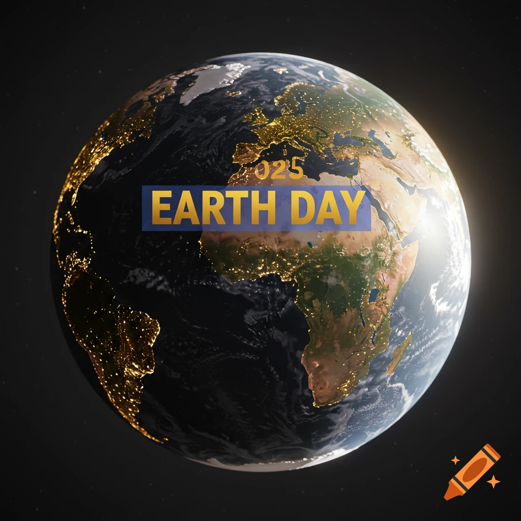 Earth from space showing lights at night, with a banner reading '2025 Earth Day'.