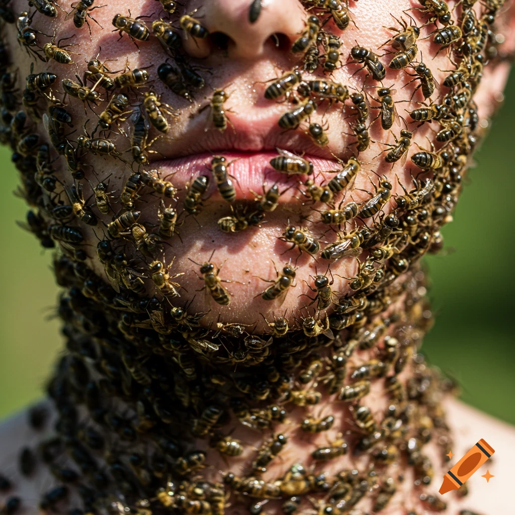 A close-up photo of a person's face and neck covered in bees.