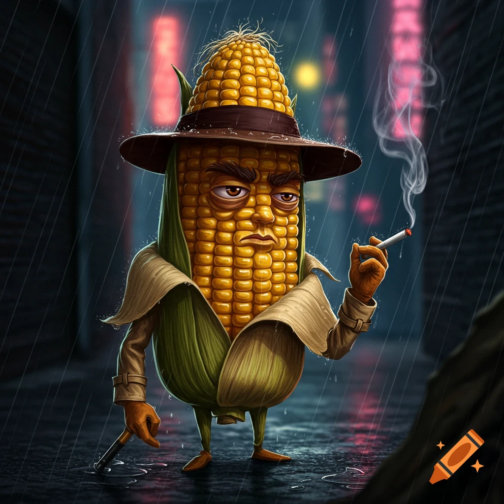 Cartoon corn cob detective in a trench coat and hat smoking a cigarette in the rain.