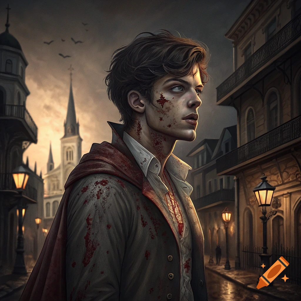 A young vampire with bloodstains on his face and clothes stands on a street in New Orleans.