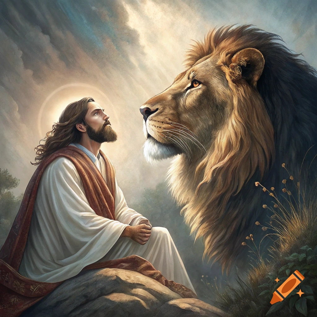 Jesus Christ sits on a rock and looks up at a large lion against a cloudy sky.