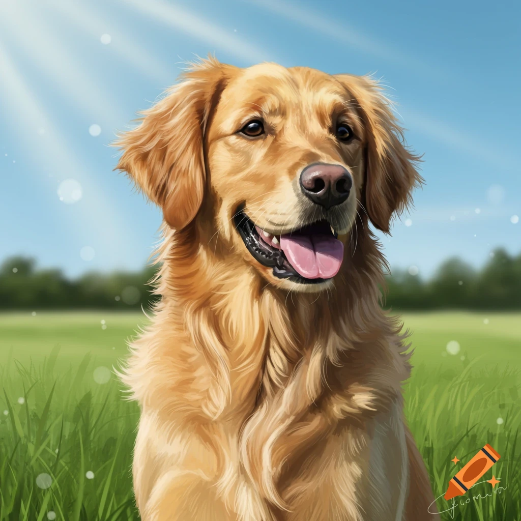 A golden retriever sitting in a grassy field under a sunny sky.