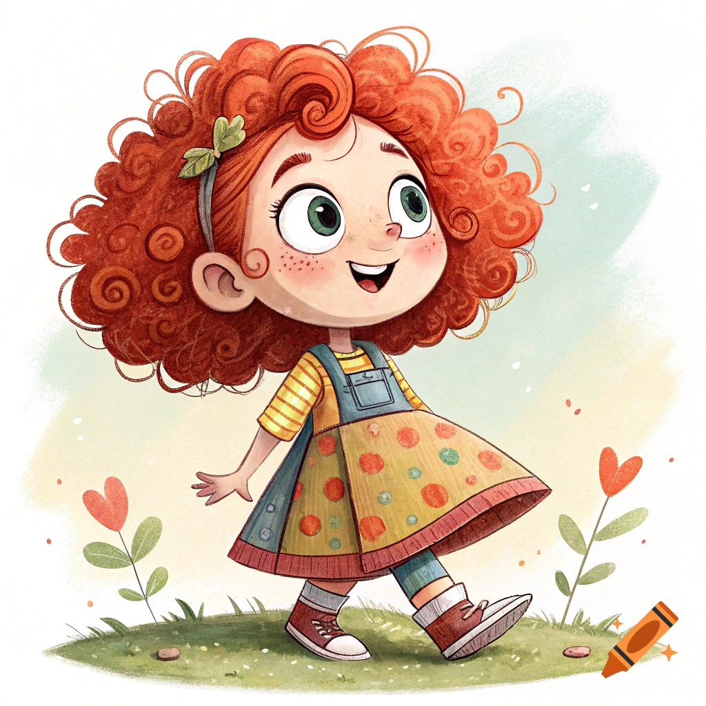 Cartoon illustration of a girl with red curly hair walking on grass.