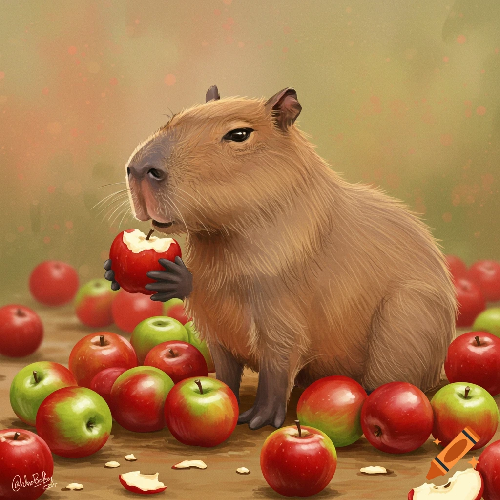 A capybara is eating an apple among many red and green apples.