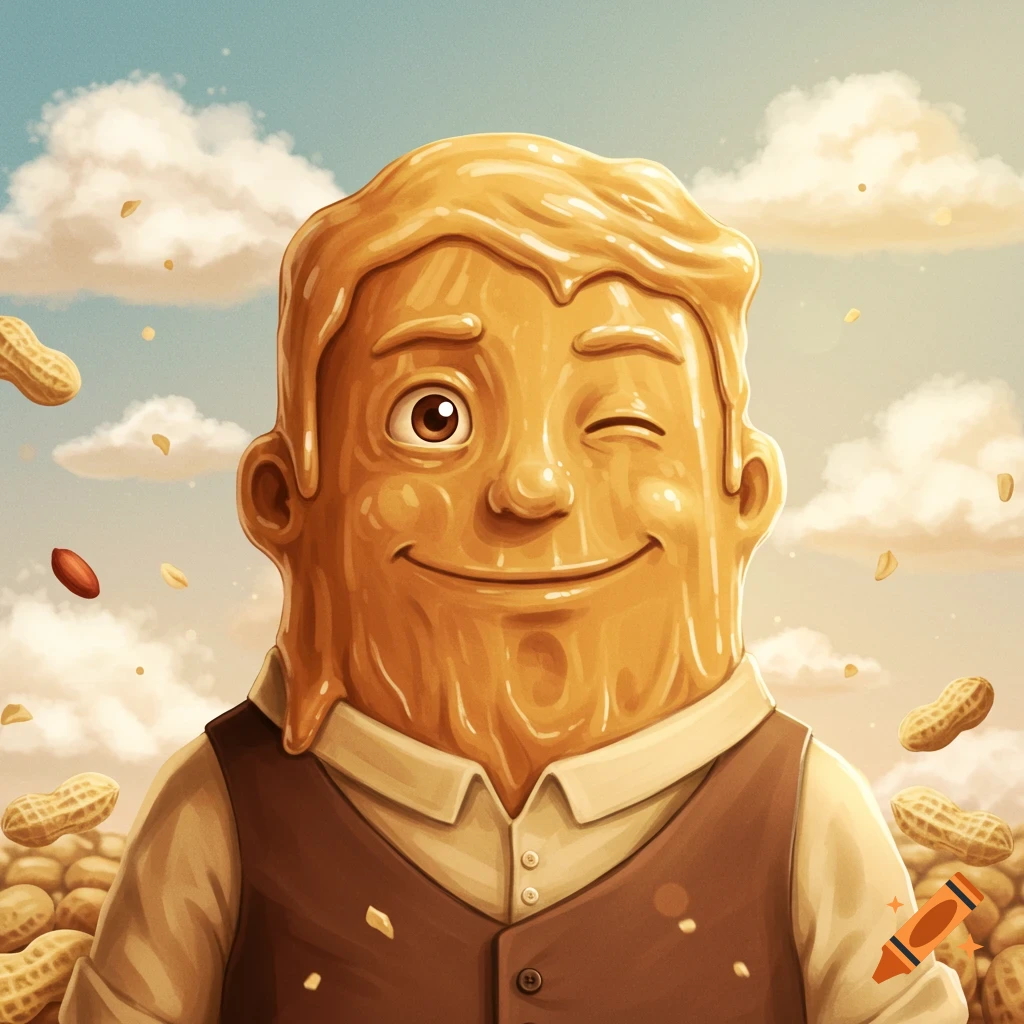 Stylized illustration of a smiling, winking man made of peanut butter, wearing a vest, with floating peanuts around him.