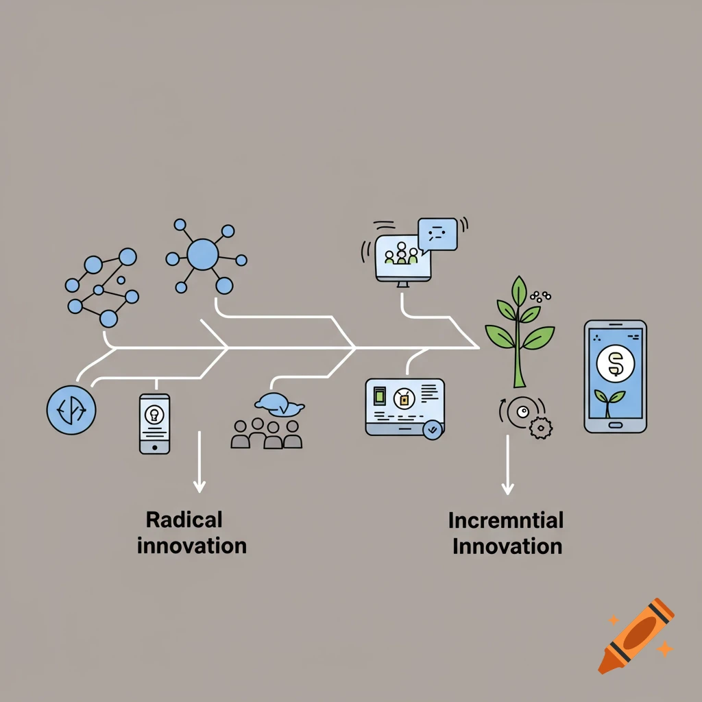 Illustration of a diagram showing radical vs. incremental innovation with various icons.