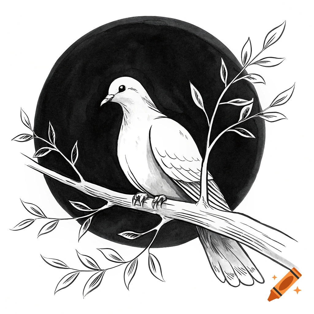 Sumi ink drawing of a white dove on a branch with leaves against a black circle background