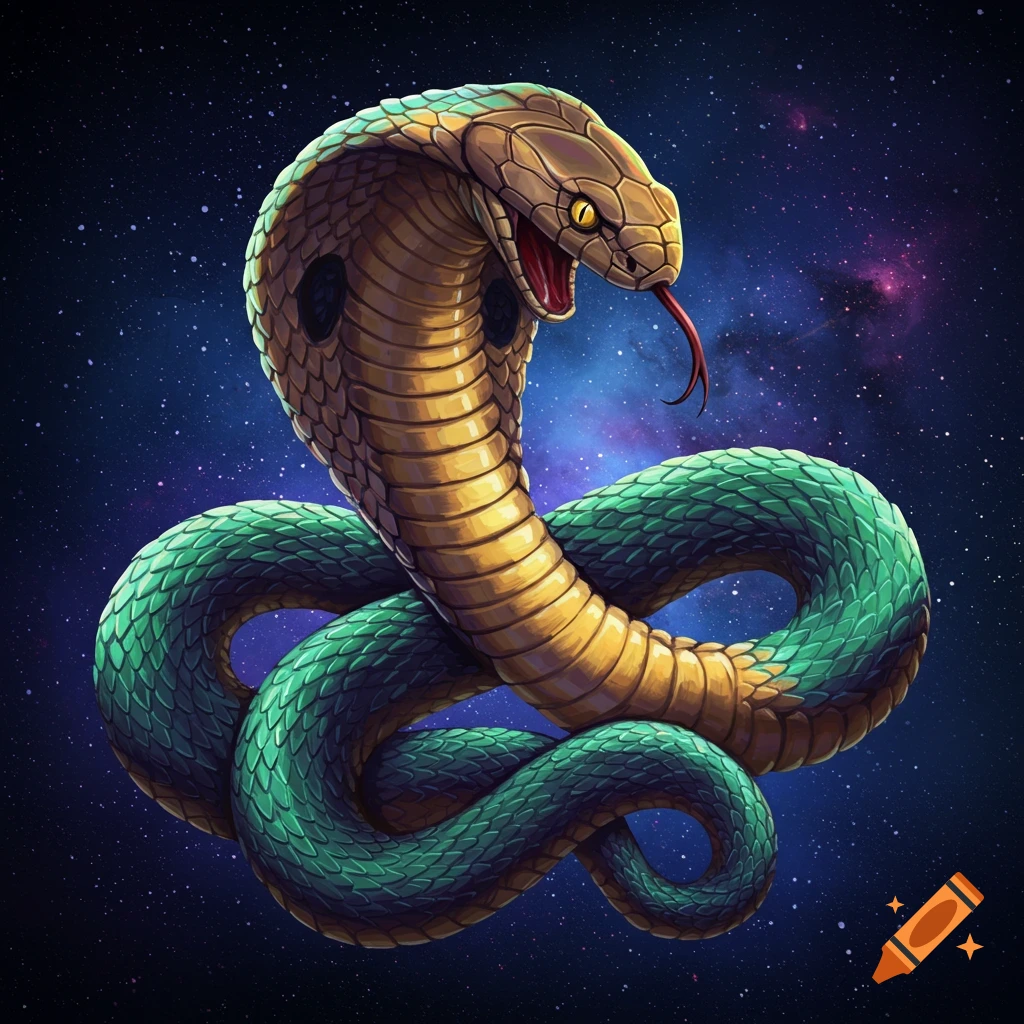 A green and yellow cobra against a starry space background.