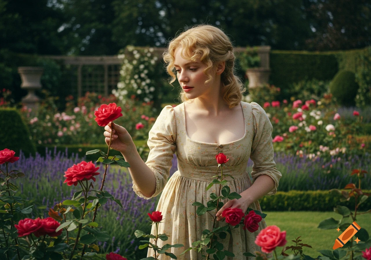 Photorealistic painting of a woman picking a rose in a beautiful garden.