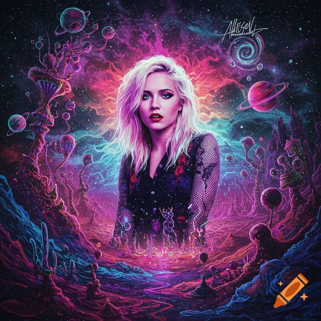 A woman in a psychedelic space landscape with planets and strange plants.
