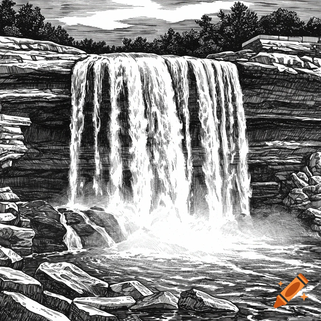 Black and white illustration of a large waterfall cascading over rocky cliffs.