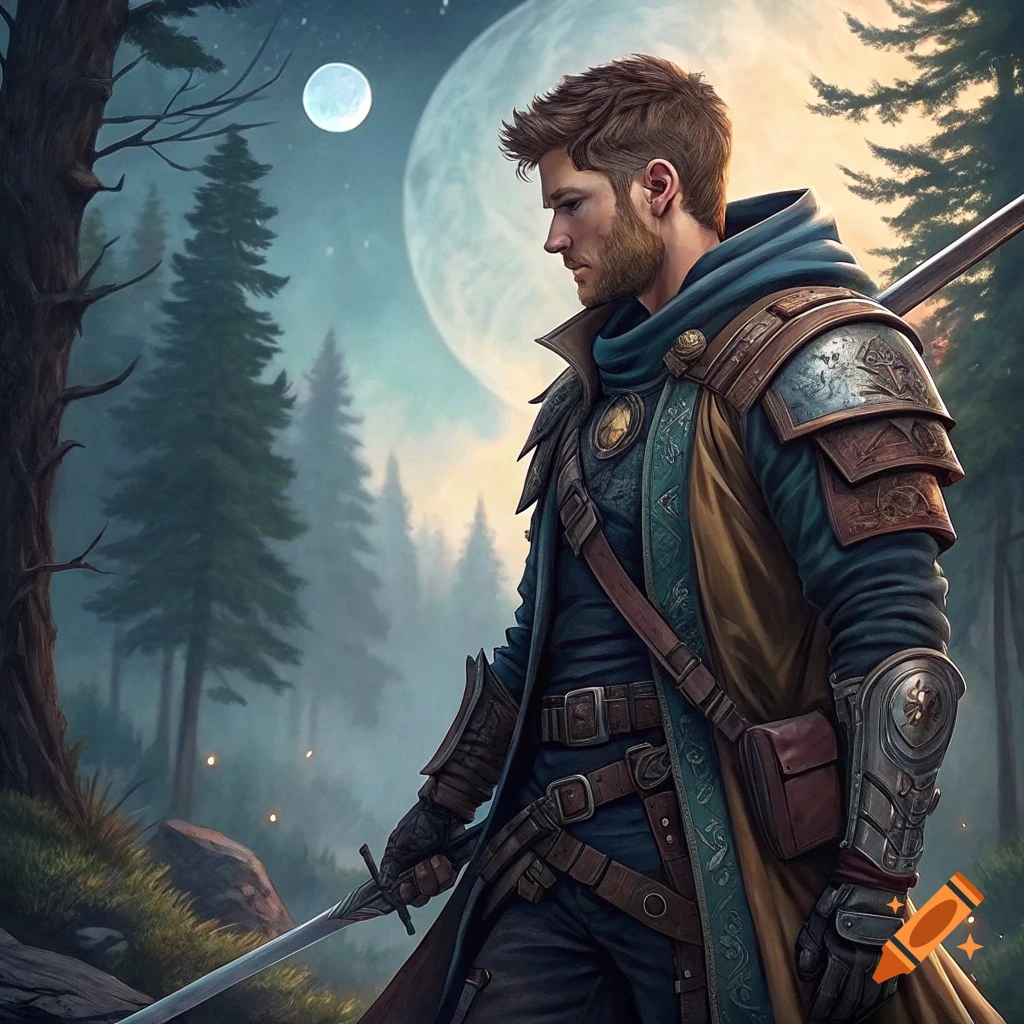 Man resembling Jensen Ackles in fantasy armor with a sword in a forest under a large moon, anime style.