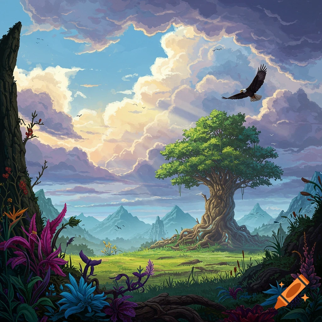 A vibrant image of a large tree with massive roots in a valley, mountains, dramatic clouds, and an eagle flying overhead.