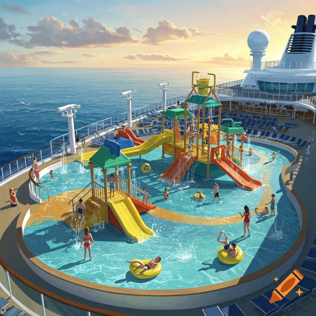 A waterpark on a cruise ship deck with people playing.
