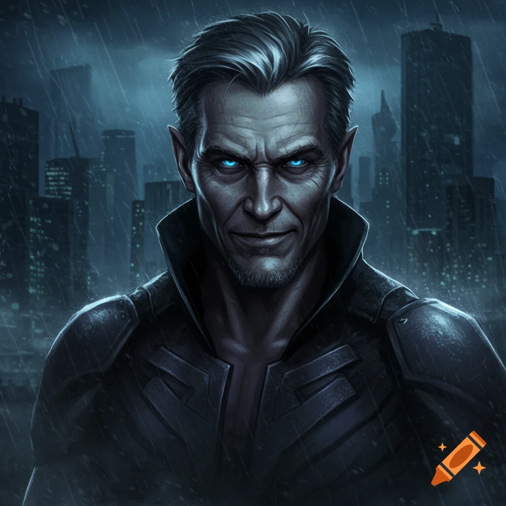 A supervillain with glowing blue eyes in a rainy city.