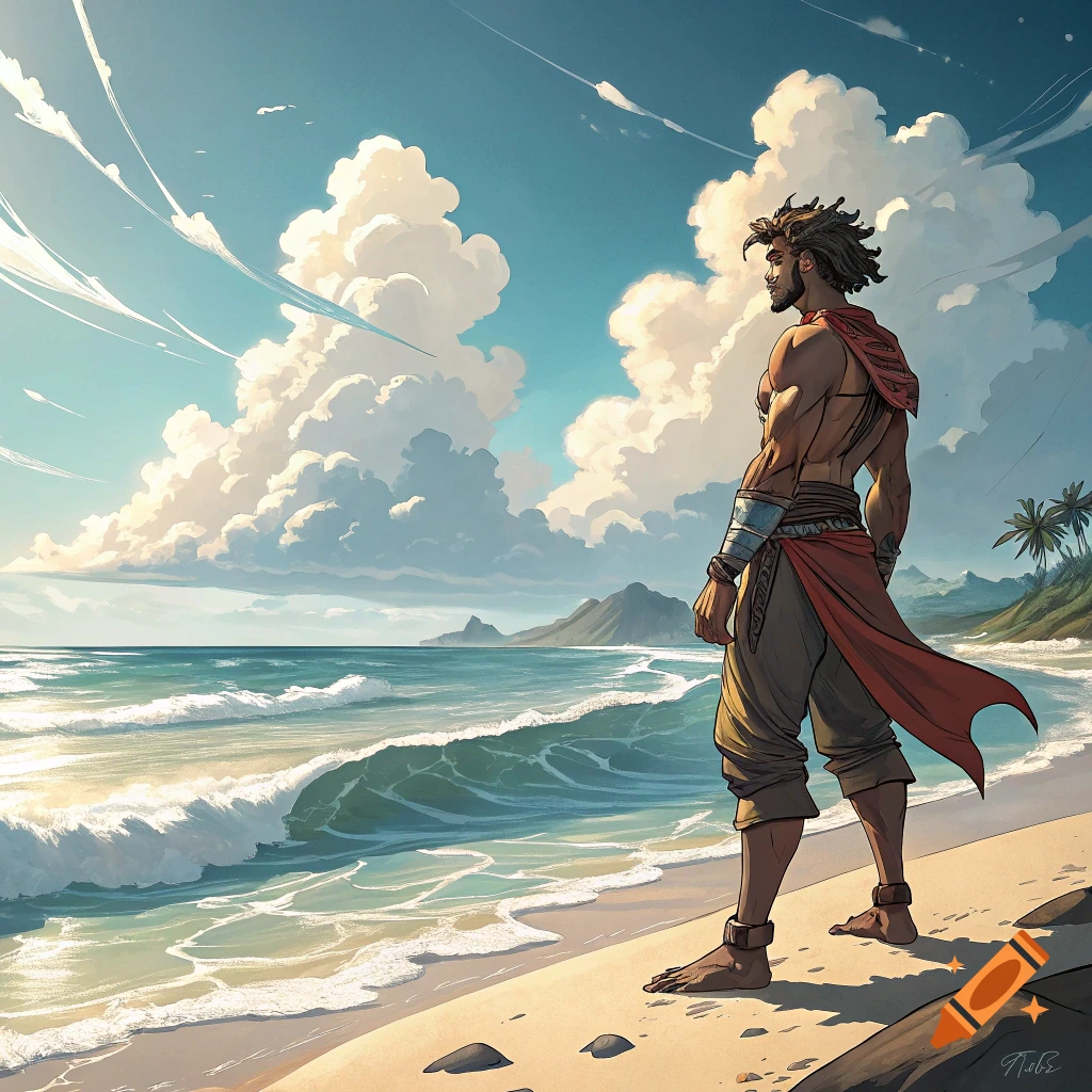Illustrated man standing on a beach looking out at the ocean and clouds.