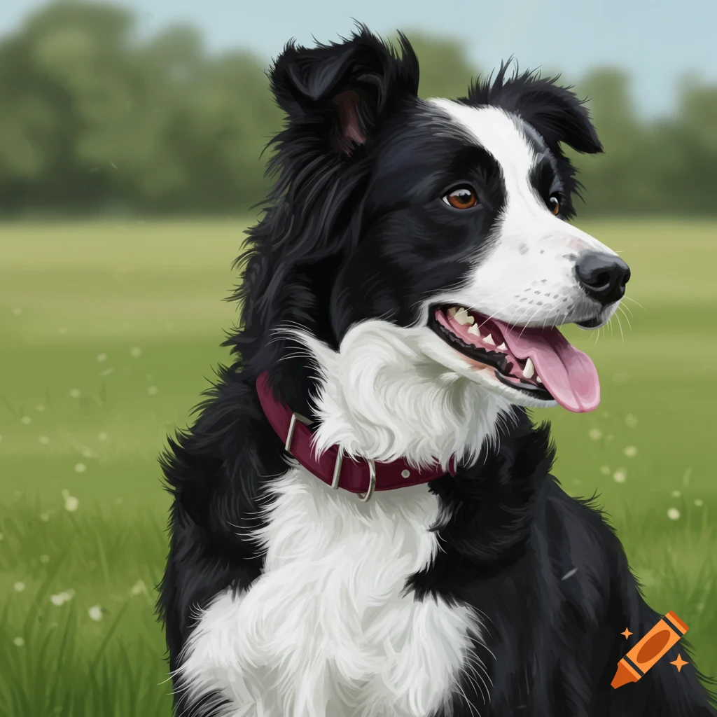 A black and white Border Collie with a maroon collar sitting in a field.