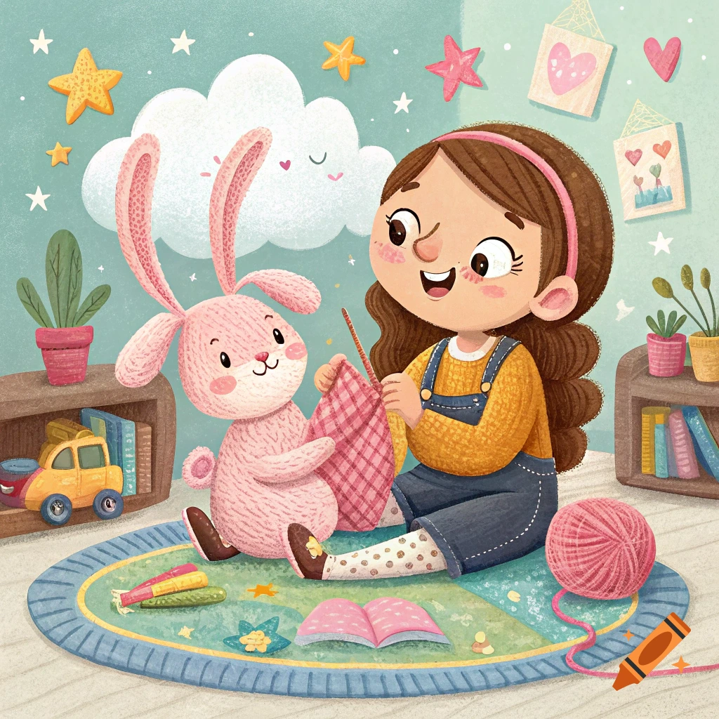 A cartoon girl and pink bunny crochet together in a colorful, toy-filled room. Children's illustration style.