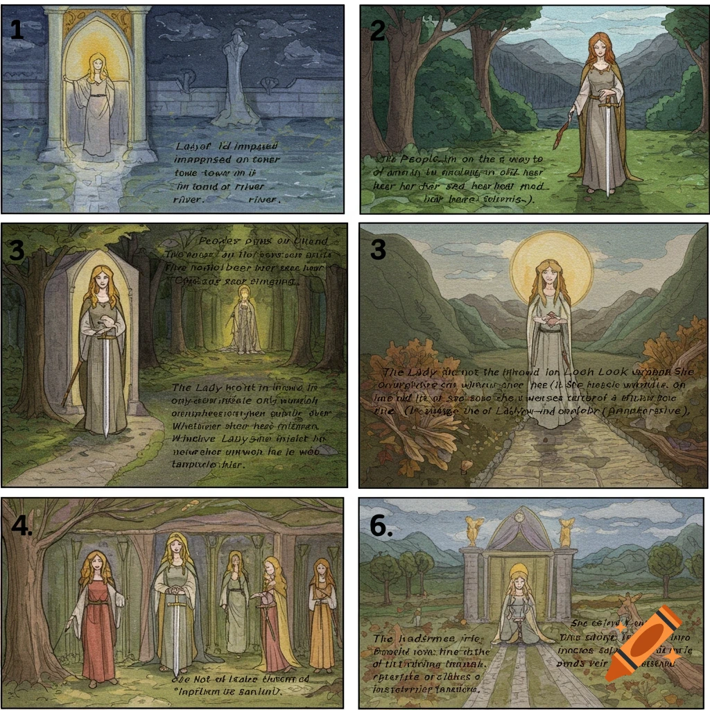 Watercolor storyboard panels depicting scenes from a fantasy story like The Lady of Shalott.