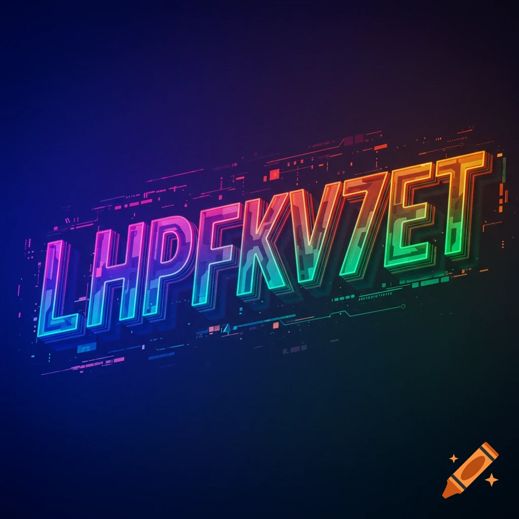 Colorful glowing 3D text 'LHPFKV7ET' on a dark background with futuristic lines.