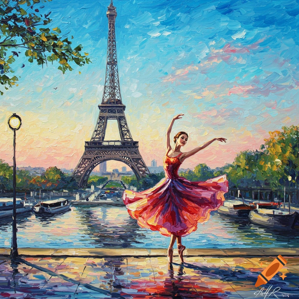 Impressionist painting of a dancer on pointe near the Eiffel Tower